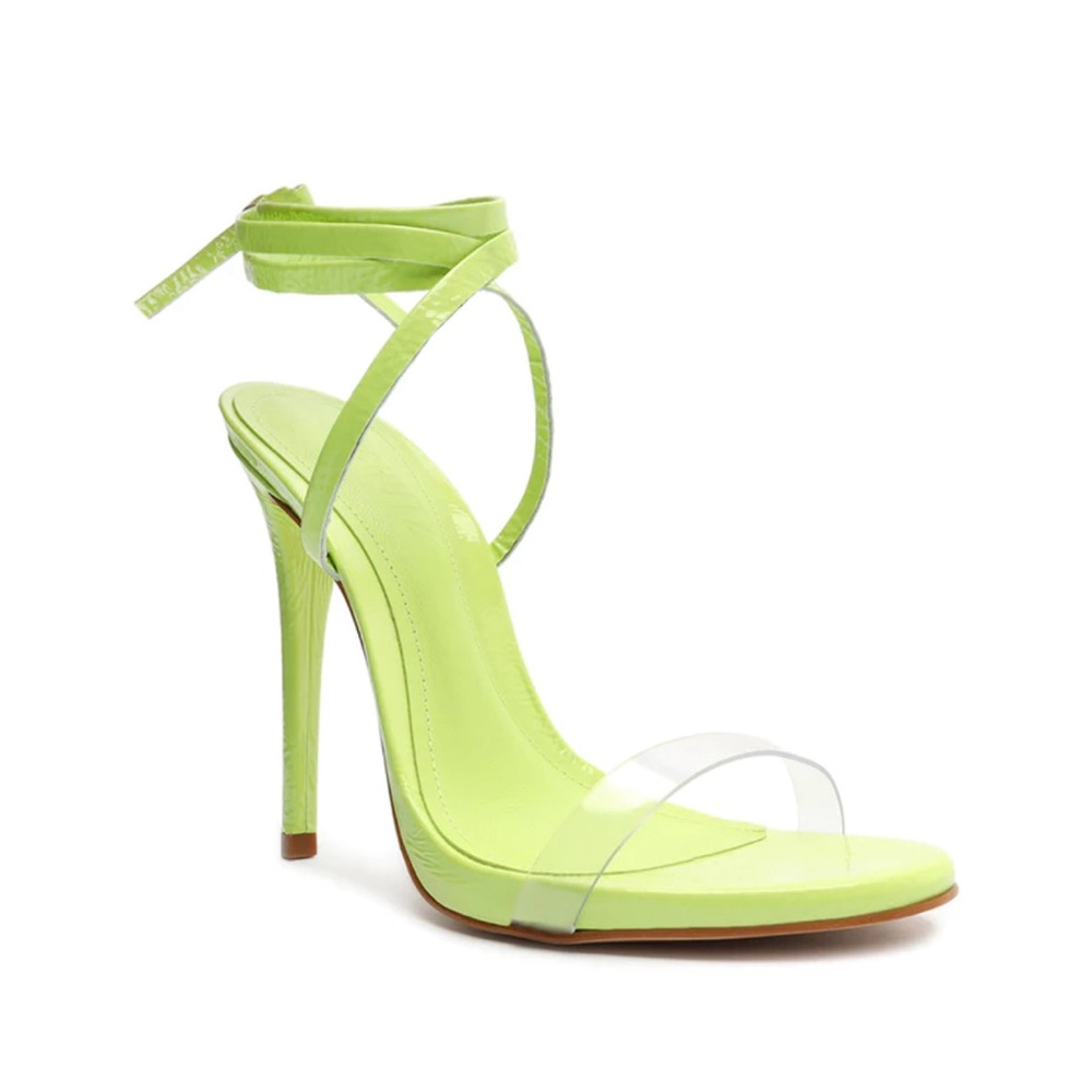 Schutz Cloe Ankle Wrap Heels Neon Green Clear Toe Strap Open Toe Sz 8B Leather